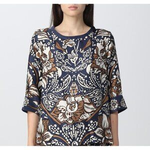 S MAX MARA Brown and Navy Silk Floral Paisley Top Small